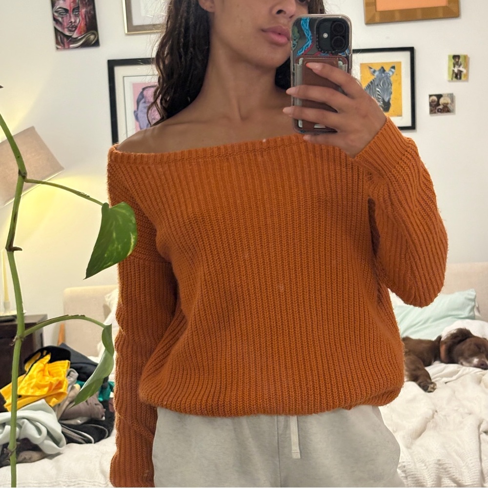 Off-Shoulder Knit Sweater in Burnt Orange